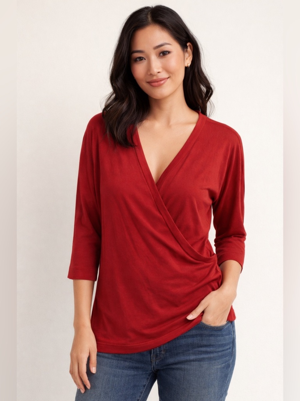 MaxMara / Red Wrap-Style V-Neck Jersey Top Italy - Sz XL